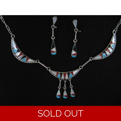 Silver Zuni Inlay w/ Turquoise, Jet, Coral and Mother of Pearl 18" Long w/ Post Earrings by Rowena Laiwakete